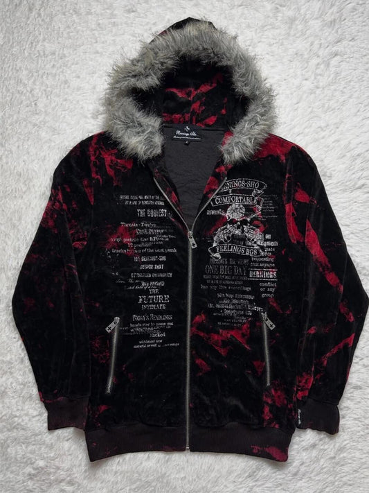 Gothic Style Tie-Dye Hooded Jacket with Fur Collar