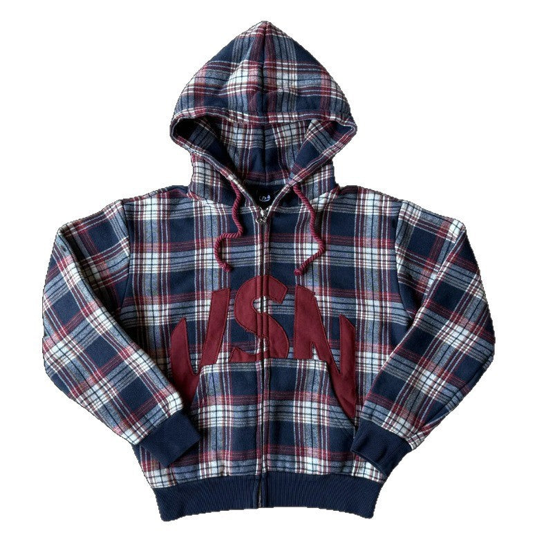 Retro Plaid Print Zip Up Hooded Sweatshirt